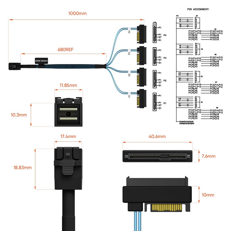 OIKWAN كابل SFF-8643 داخلي Mini SAS HD إلى (4) موصلات SFF-8482 29pin مع منفذ طاقة SAS 15pin 12GB/S بطول 3.3 قدم (1 متر) - Image 2